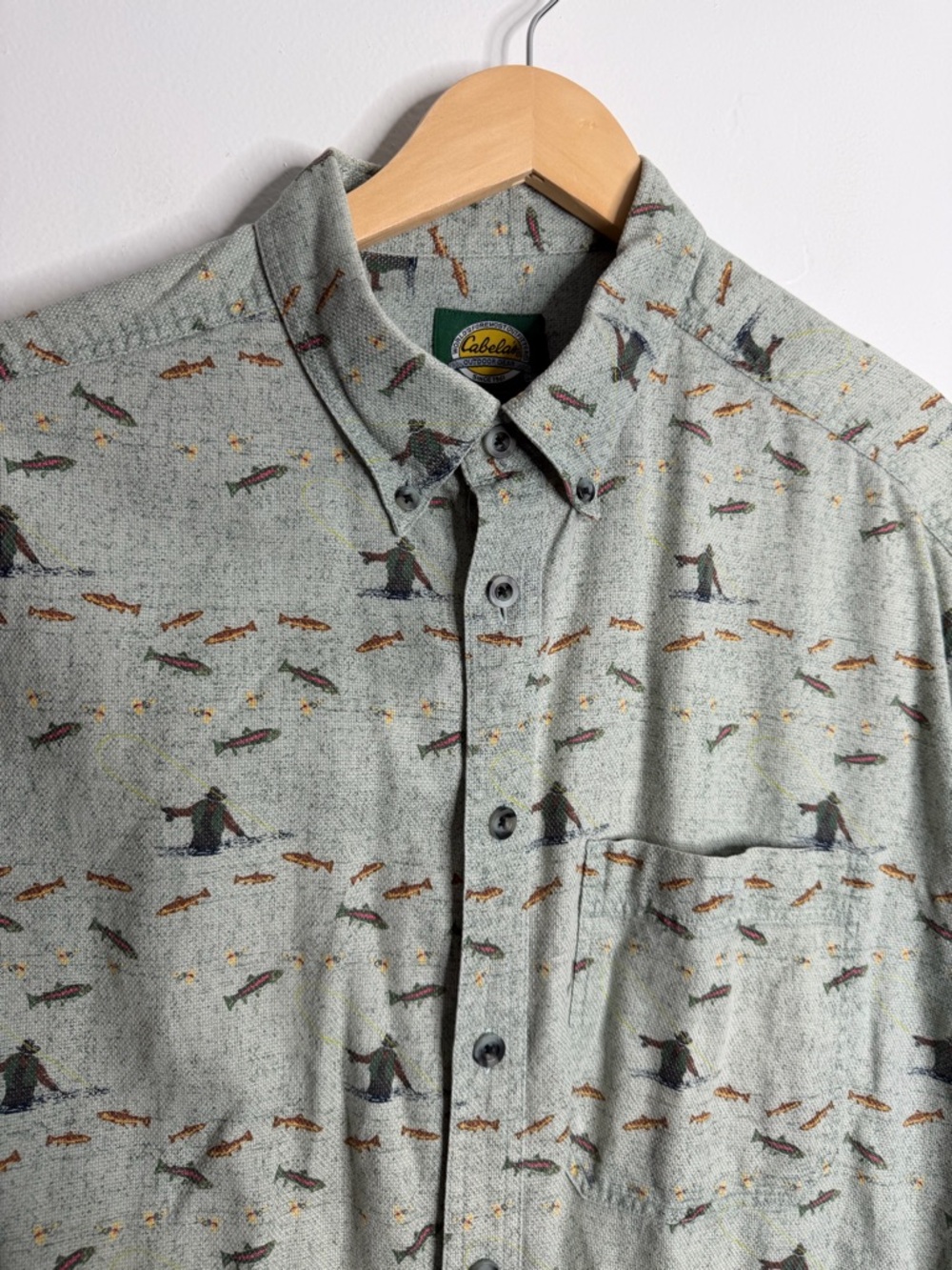 Cabelas Men’s Fishing Print Button Down Shirt Short Sleeve Outdoor Nature XLT